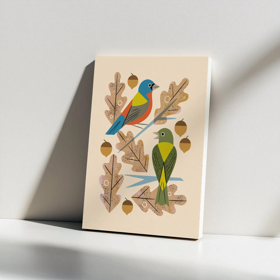 Painted Bunting Canvas Print | Modern Bird & Oak Leaf Artwork | Premium Gallery Wrap Canvas | Gift for Nature Lover & Home Decor