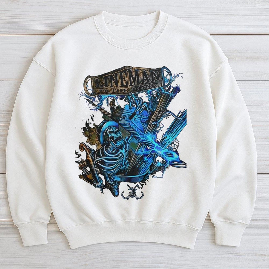 Lineman Sweatshirt | To The Bone Skeleton Graphic Design | Premium Cotton Blend Crewneck | Electrician Gift For Him Lineman Appreciation