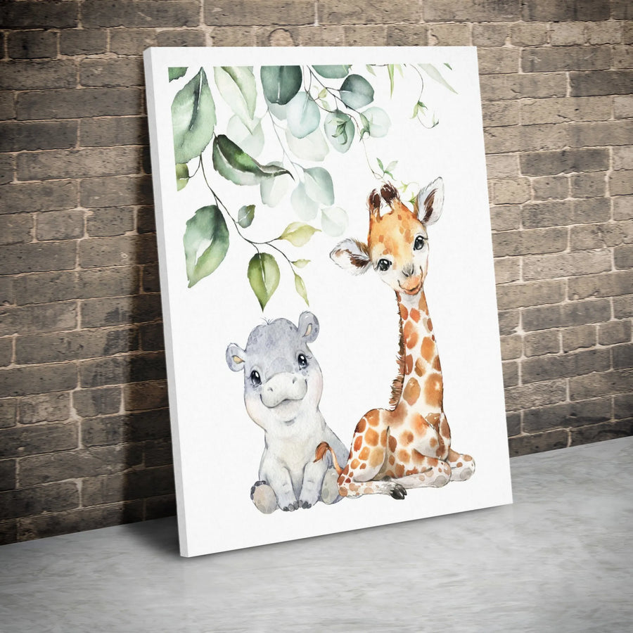Watercolor Baby Giraffe and Hippo Art | Eucalyptus Nursery Decor | Premium Gallery Canvas | Gift for Baby Shower