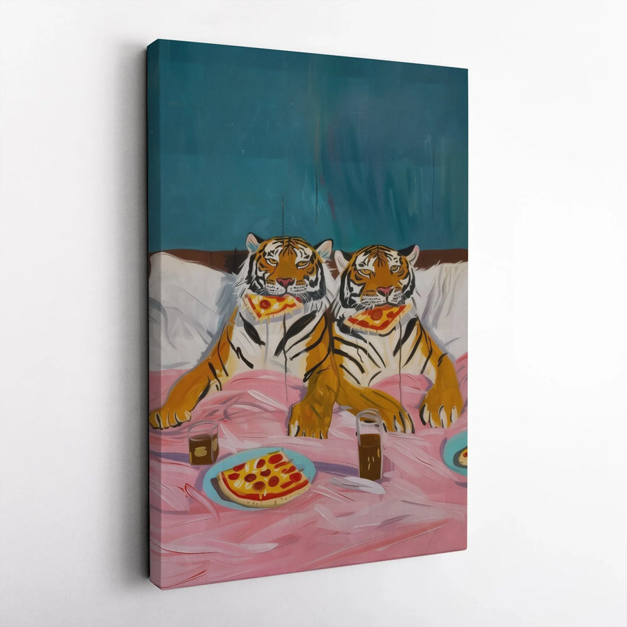 Tigers Eating Pizza Canvas Wall Art | Funny Surreal Tiger Painting | Premium Thick Gallery Wrap Canvas | Unique Gift for Modern Home Decor