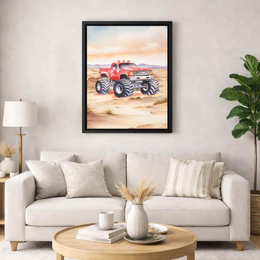 Monster Truck Wall Art | Watercolor Red Off-Road Vehicle in Desert | 1.25-Inch Premium Gallery Canvas | Boys Room Decor & Gift