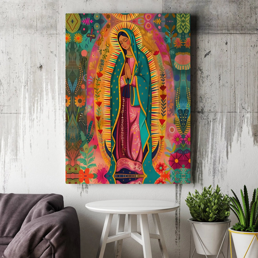 Virgin of Guadalupe Wall Art | Colorful Mexican Folk Art Canvas | 1.25 Inch Premium Gallery Wrap | Catholic Home Decor Spiritual Gift