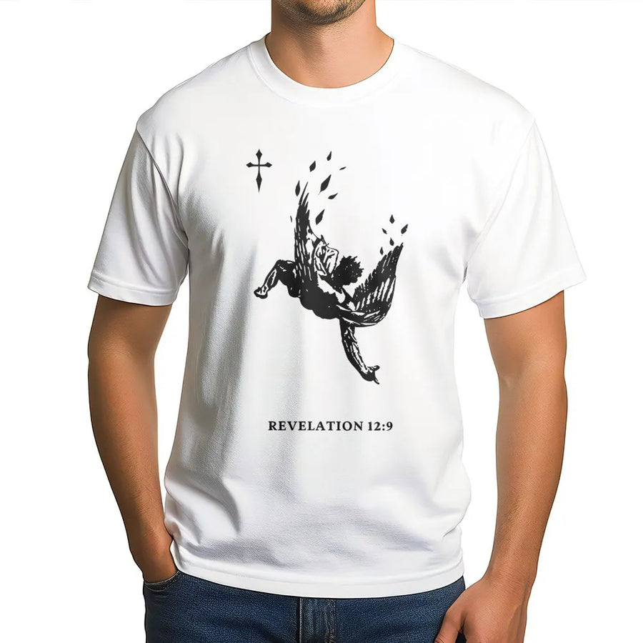 Revelation 12:9 Angel T-Shirt | Fallen Angel Graphic Print | 100% Cotton Premium Tee | Faith-Based Christian Streetwear Gift for Believers