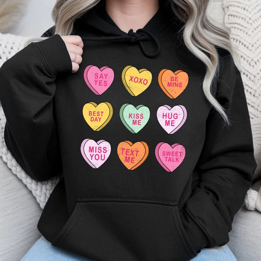 Conversation Hearts Hoodie | Pastel Candy Heart Valentine Design | Premium Soft Cotton Blend | Cute Aesthetic Valentines Day Gift For Her
