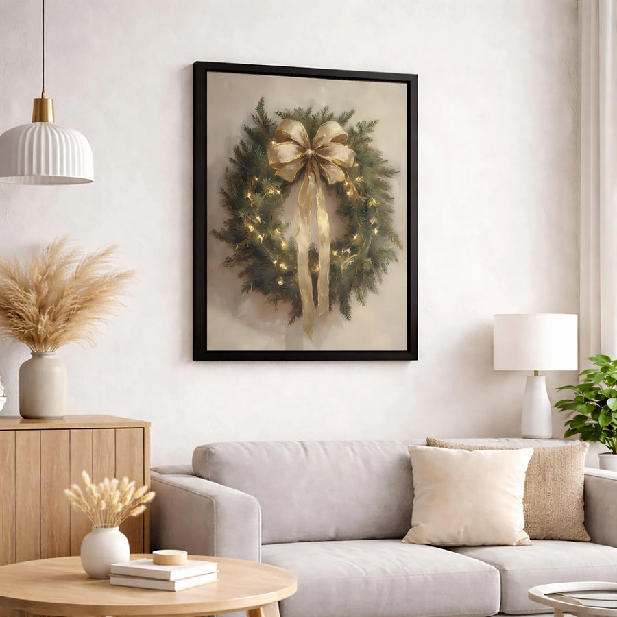 Christmas Wreath Canvas Wall Art | Elegant Gold Bow and Fairy Lights Print | Gallery Quality 1.25 Inch Canvas | Holiday Home Decor Gift