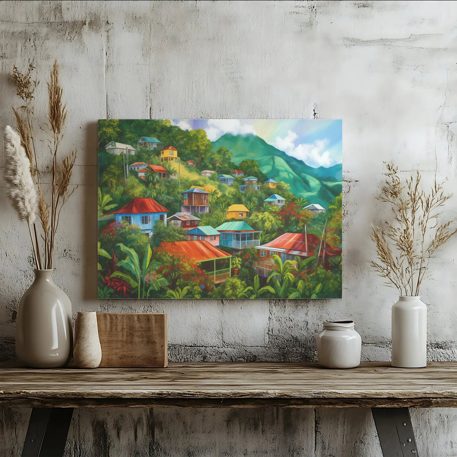 Tropical Village Canvas Print | Colorful Caribbean Hillside Painting | Premium Canvas with Fade-Resistant Inks | Island Wall Decor Gift