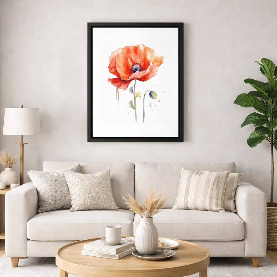 Red Poppy Flower Canvas Wall Art | Watercolor Botanical Print | Premium Gallery Wrapped Decor | Modern Minimalist Floral Gift for Living Room