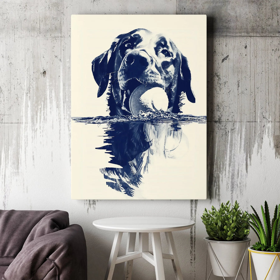 Labrador Retriever Canvas Art | Swimming Dog With Ball Ink Wash Print | 1.25-Inch Gallery Wrap | Premium Pet Lover Wall Decor Gift
