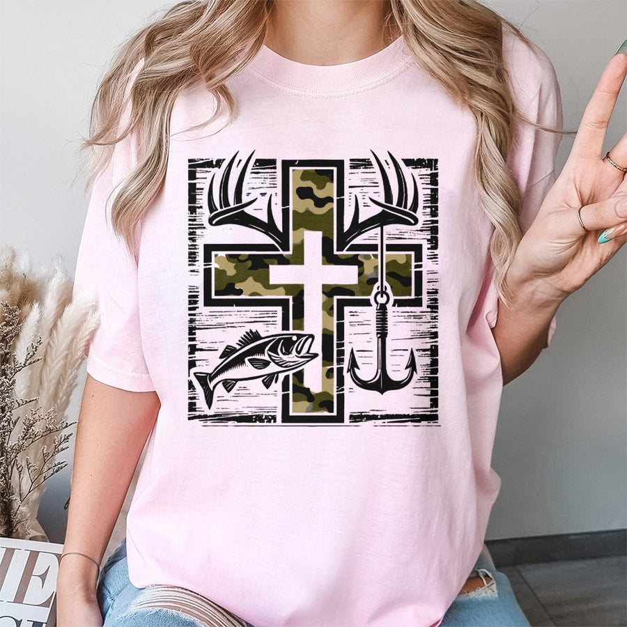 Fishing Cross T-Shirt | Camo Antlers And Bass Graphic | 100% Cotton Premium Tee | Christian Outdoorsman Gift for Men and Women