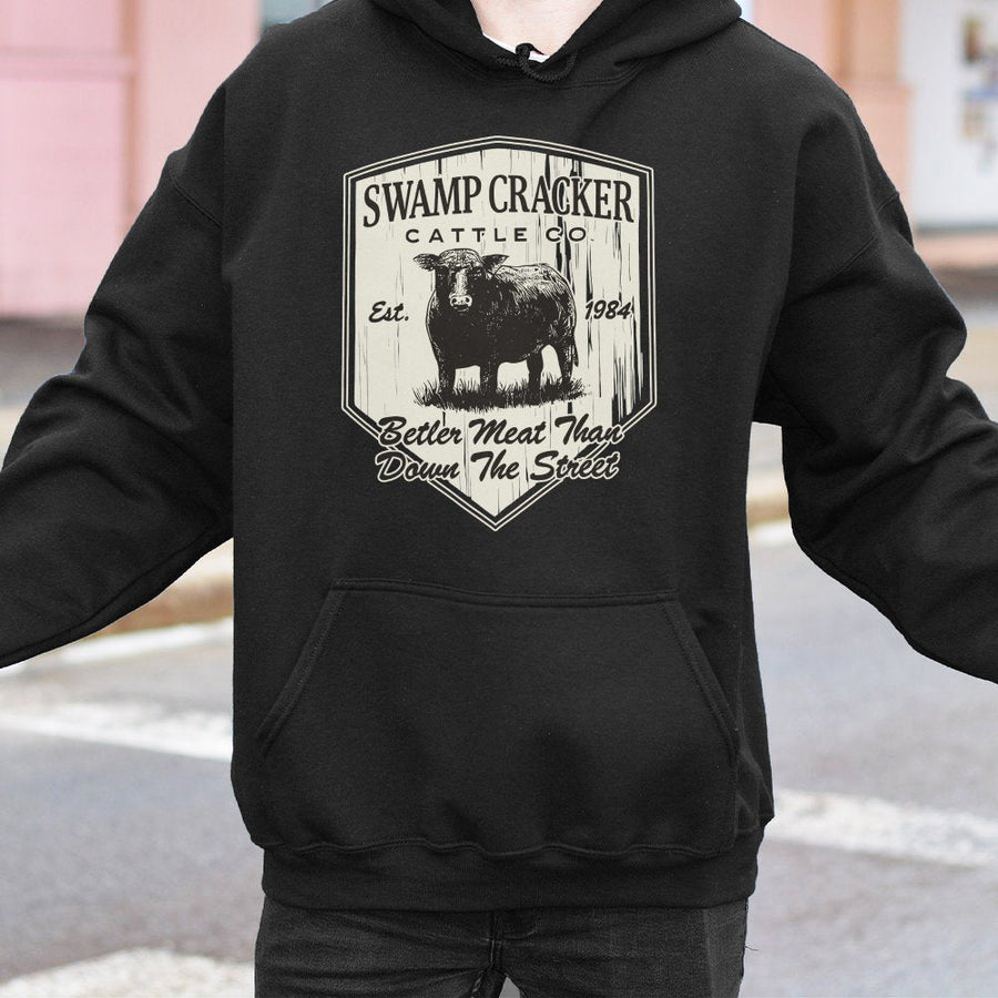 Swamp Cracker Cattle Co Hoodie | Funny Beef Farm Graphic Logo | Premium Cotton Blend Apparel | Unique Rancher Farmer Gift Idea