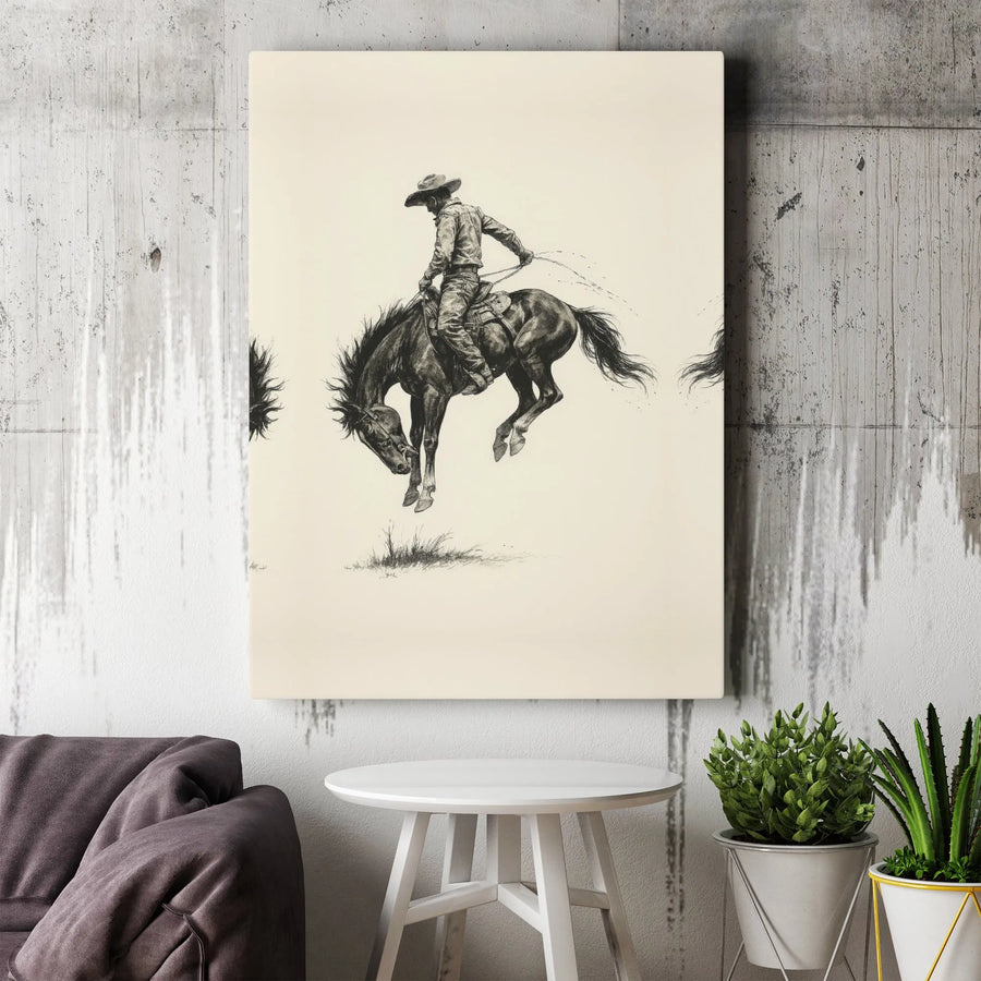 Bucking Bronco Cowboy Wall Art | Western Sketch Graphite Drawing | Gallery Wrap Premium Canvas | Rustic Decor Gift for Men