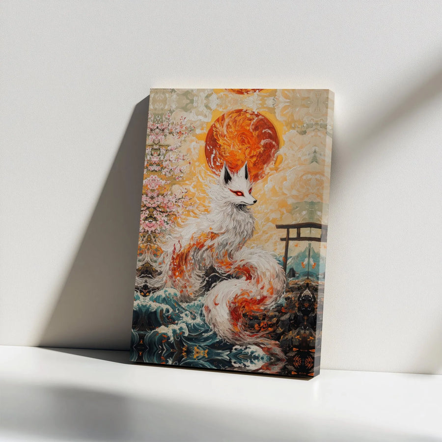 Japanese Kitsune Canvas Wall Art | Mythical Fox With Fiery Sun And Torii Gate | Premium Gallery Wrap Print | Zen Home Office Decor Gift