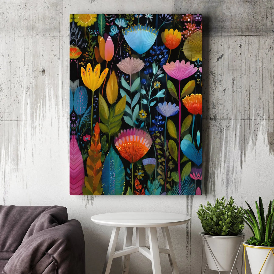 Botanical Wall Art Canvas | Vibrant Folk Art Floral Illustration | 1.25-Inch Gallery Wrap Premium Print | Colorful Home Decor Gift