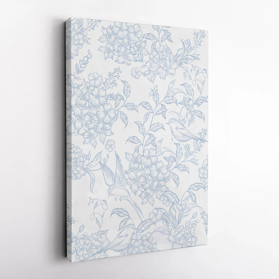 Vintage Floral Bird Canvas Art | Blue and White Botanical Line Art | Premium Gallery Wrapped Canvas | Grandmillennial Home Decor Gift