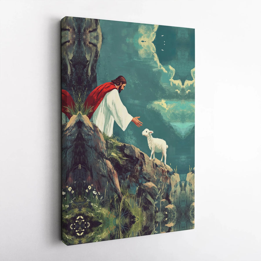 Jesus and Lamb Canvas Wall Art | Good Shepherd Painterly Artwork | Premium Gallery Wrapped Canvas | Christian Home Decor Gift