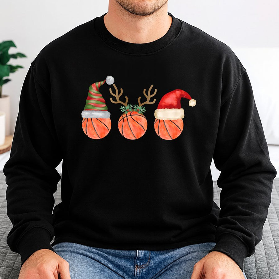 Basketball Christmas Sweatshirt | Santa Hat and Reindeer Antlers Graphic | Premium Cotton Blend | Holiday Gift for Basketball Players and Fans