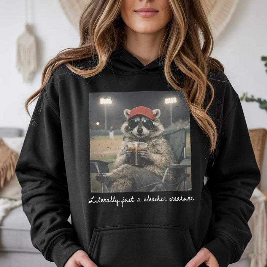 Raccoon Baseball Hoodie | Funny Bleacher Creature Graphic | Soft Cotton-Poly Blend | Gift for Baseball Mom or Softball Fan