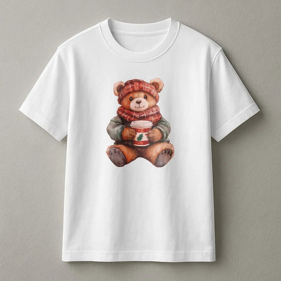 Christmas Bear T-Shirt | Cute Holiday Coffee Drinking Teddy | Premium Soft Cotton Graphic Tee | Cozy Festive Gift for Her & Him