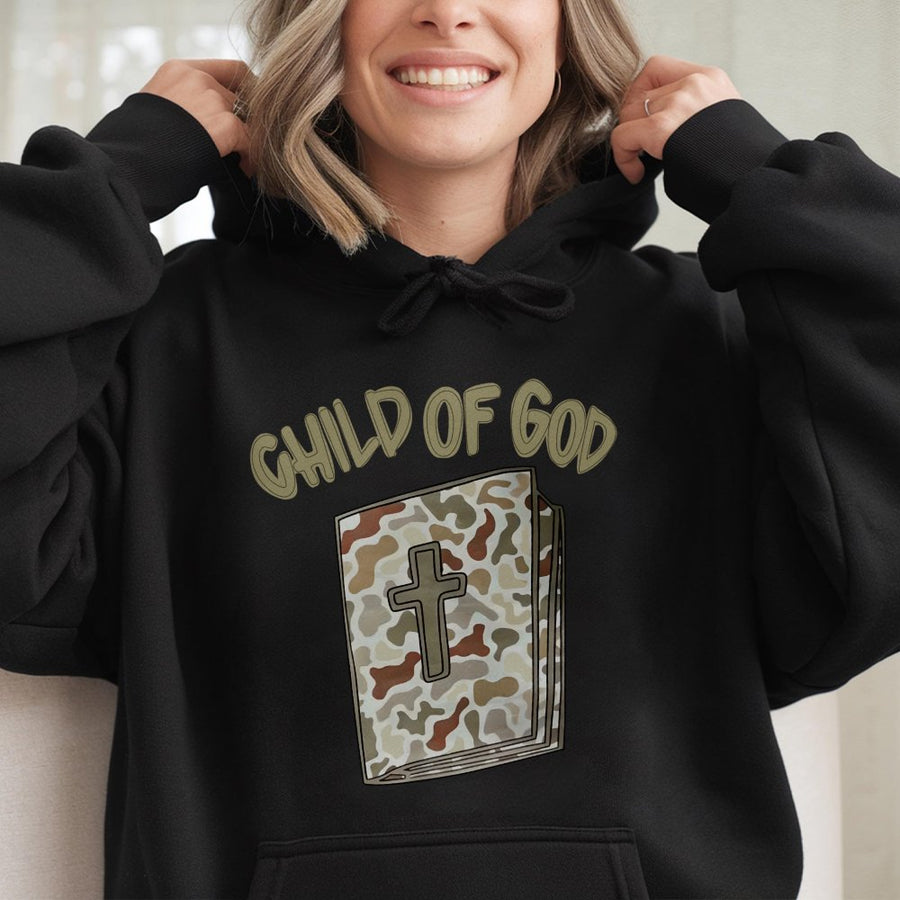 Child of God Hoodie | Camo Bible Cross Graphic | Cotton-Polyester Blend | Religious Faith Christian Gift for Men and Women