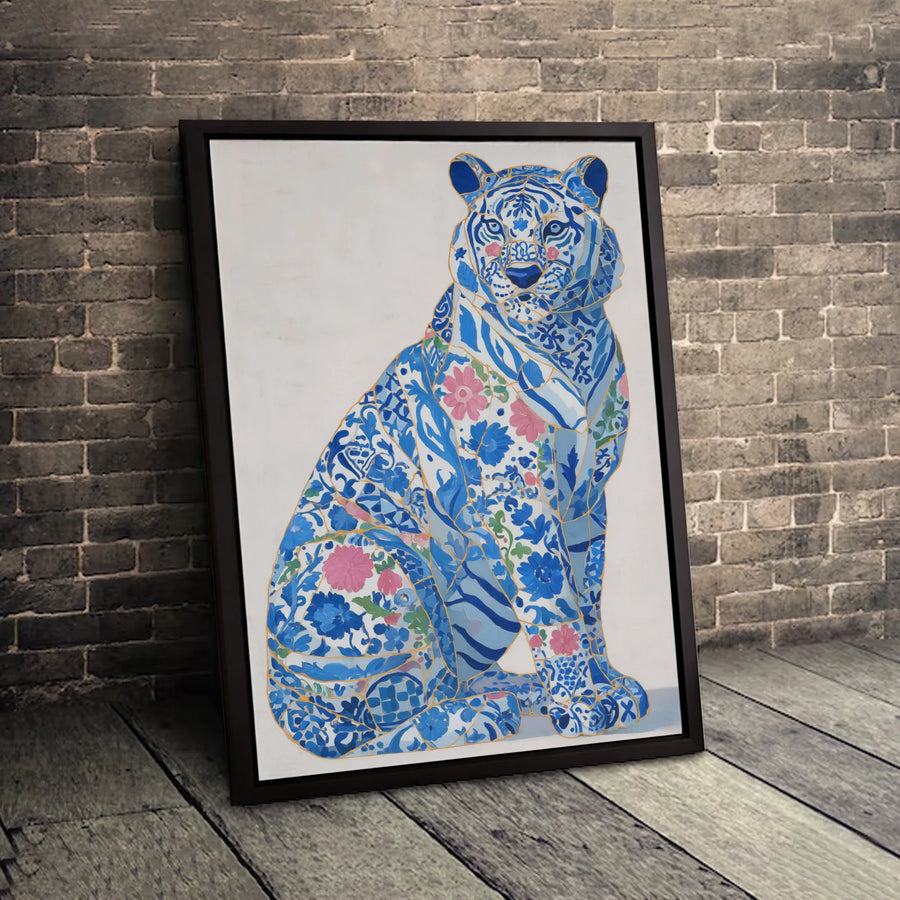 Blue and White Tiger Canvas Wall Art | Chinoiserie Floral Pattern with Gold Kintsugi Detail | Premium Gallery-Wrapped Print | Elegant Home Decor Gift