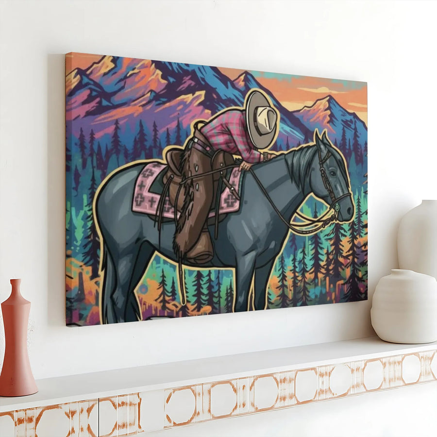Cowboy and Horse Canvas Wall Art | Modern Western Pop Art Illustration | Premium Gallery Wrap | Ranch and Cabin Decor Gift
