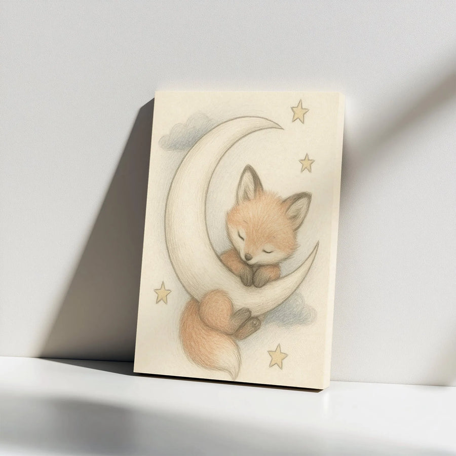 Baby Fox Canvas Wall Art | Sleeping Moon and Stars Illustration | Premium Gallery Wrap Nursery Decor | Gender Neutral Baby Shower Gift