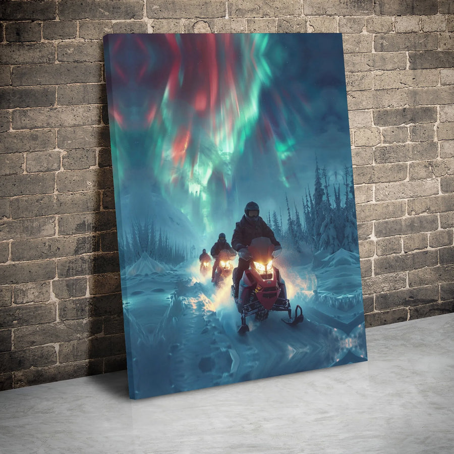 Snowmobile Canvas Wall Art | Northern Lights Aurora Borealis Decor | 1.25 Inch Gallery Wrap | Gift for Snowmobiler and Winter Sports Lover