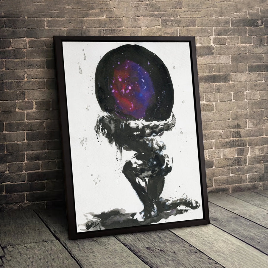 Atlas Greek Titan Holding Galaxy Canvas Print | Modern Ink Wash Wall Art | Premium 1.25" Gallery Wrap | Mythological Home Decor Gift