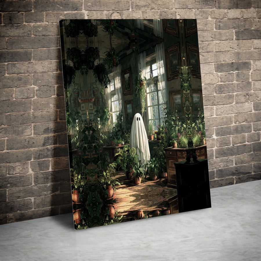Ghost in Greenhouse Wall Art | Spooky Botanical Sunlit Interior Print | Premium Gallery Wrapped Canvas | Whimsical Cottagecore Decor for Home