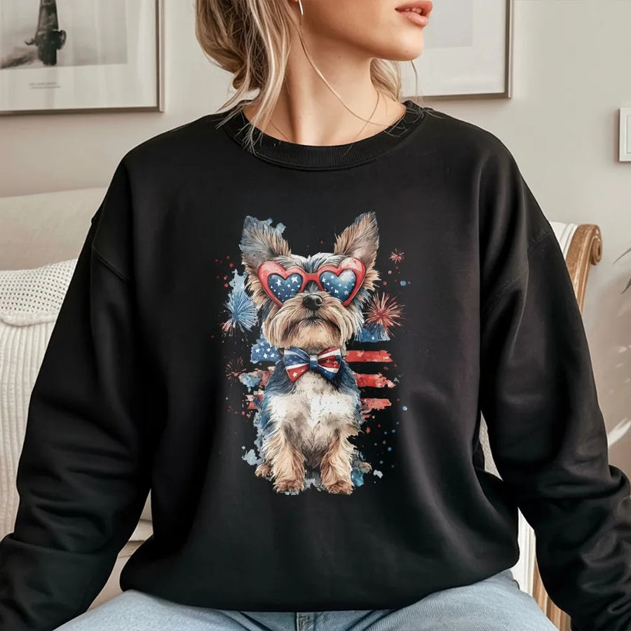 Patriotic Dog Sweatshirt | Watercolor Pup with USA Flag Sunglasses | Premium Cotton-Blend Sweatshirt | 4th of July Gift for Dog Lover