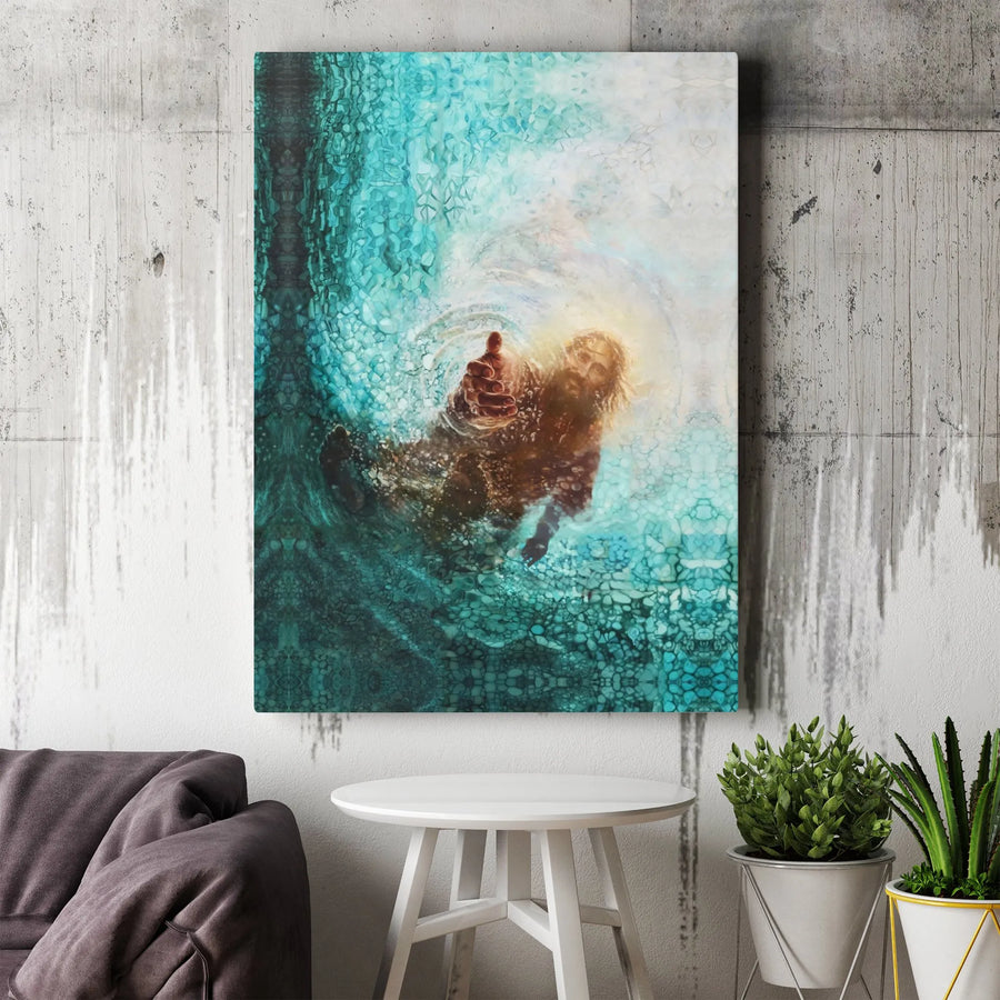 Jesus Reaching Hand Wall Art | Underwater Religious Canvas Print | 1.25 Inch Premium Gallery Wrap | Christian Home Decor Gift
