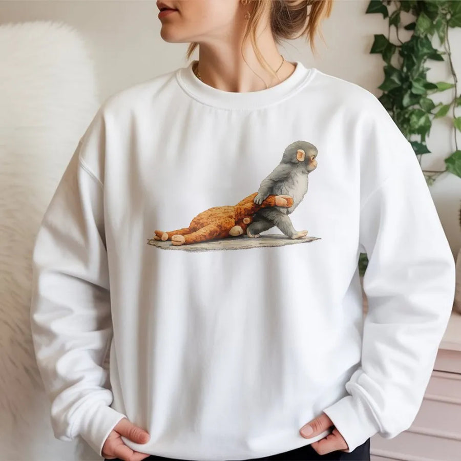 Baby Monkey Sweatshirt | Cute Graphic Drawing of Monkey Dragging Plush Toy | Premium Cotton-Blend Crewneck | Wildlife Animal Lover Gift