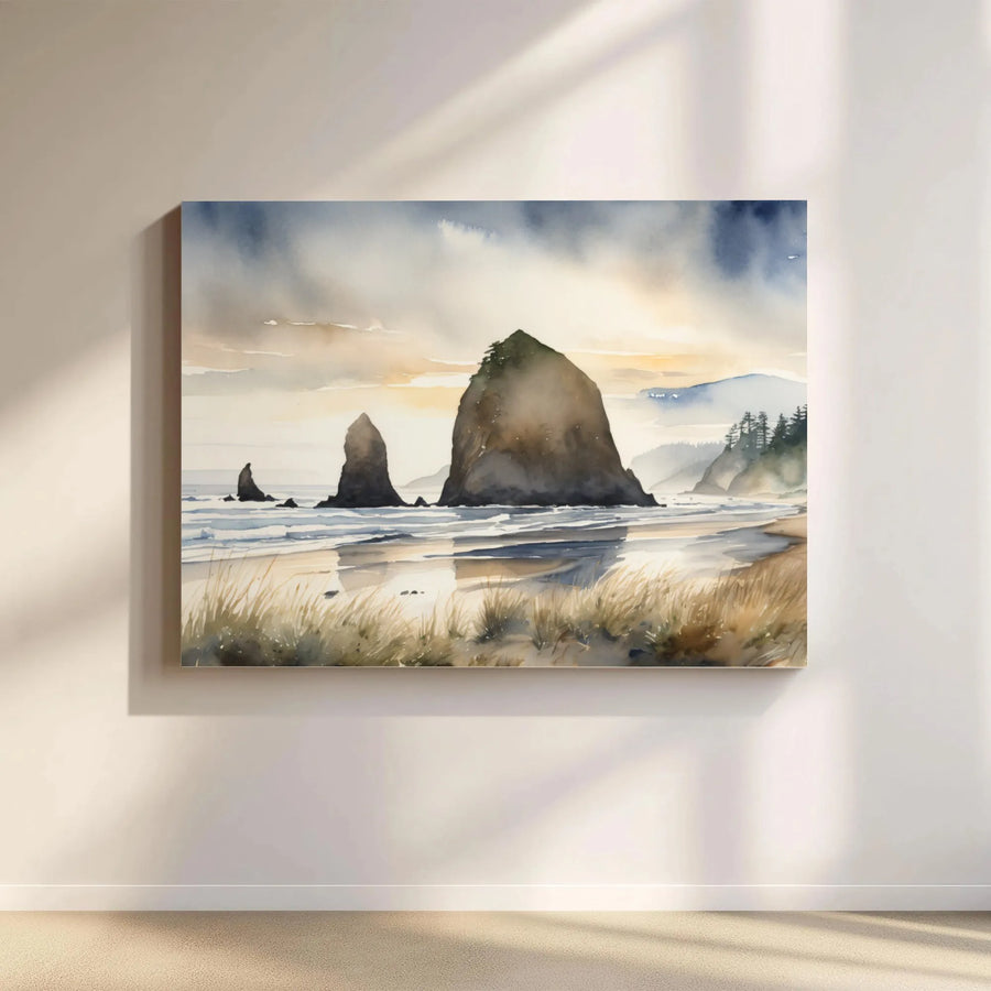 Haystack Rock Canvas Wall Art | Watercolor Oregon Coast Seascape | 1.25 Inch Premium Gallery Wrap | Coastal Home Decor Gift