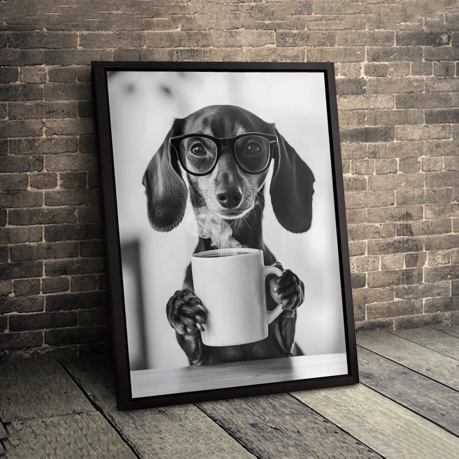 Dachshund Wall Art | Coffee Lover Dog Portrait With Glasses | Gallery-Quality 1.25" Canvas Print | Perfect Gift For Dog Owners & Home Decor