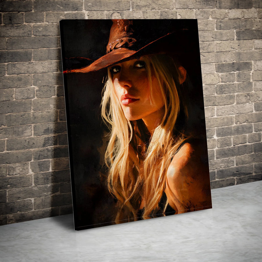 Cowgirl Portrait Canvas Wall Art | Dramatic Western Oil Painting Style | Premium Fade-Resistant Print | Southwestern Home Decor Gift