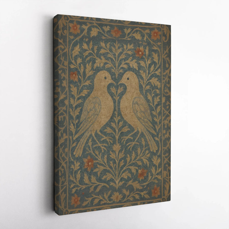Vintage Love Birds Canvas Art | Symmetrical Floral Botanical Print | Premium 1.25" Gallery Wrap | Romantic Home Decor Gift