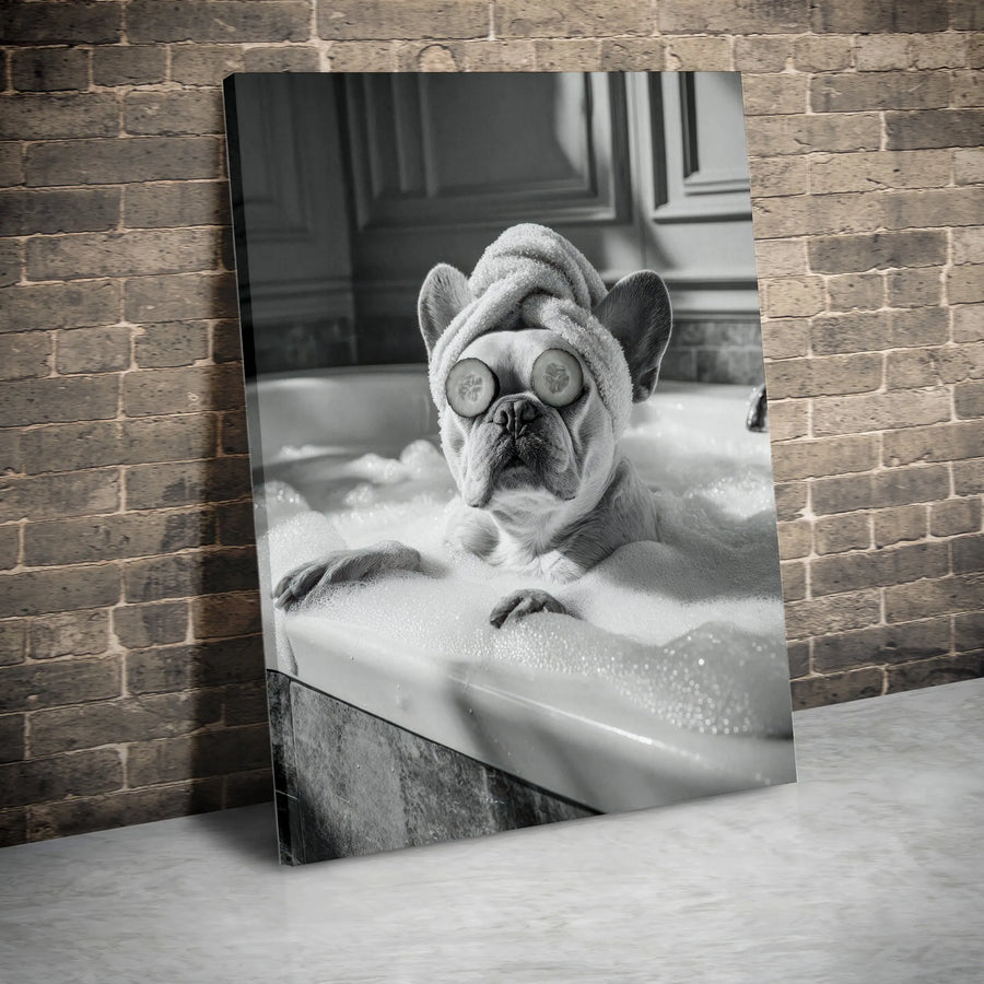 French Bulldog Spa Canvas Wall Art | Funny Dog in Bubble Bath Black and White Print | Premium Gallery-Wrapped Portrait | Bathroom Decor Gift for Dog Lovers