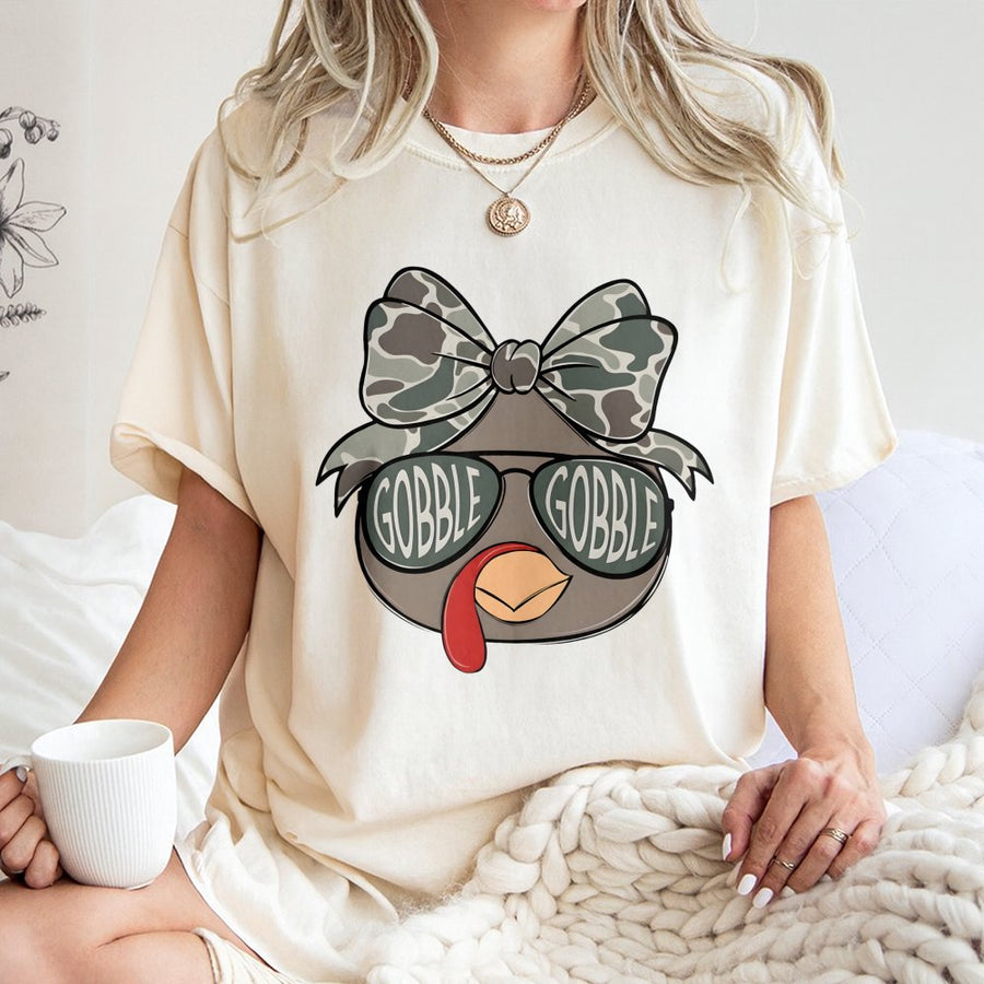 Thanksgiving Turkey T-Shirt | Gobble Gobble Camo Bow Graphic | 100% Cotton Premium Tee | Cute Fall Holiday Gift for Women