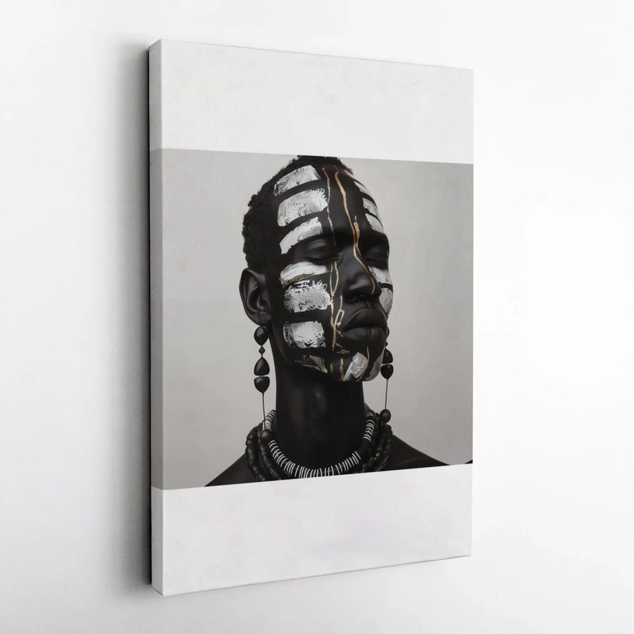African Portrait Canvas Wall Art | Tribal Face Paint Gold Details | Premium Gallery Wrap 1.25 inch | Modern Home Decor Gift