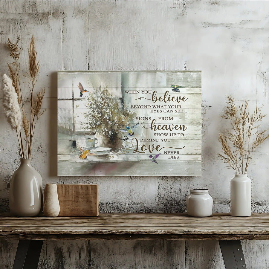Hummingbird Memorial Canvas Wall Art | 'Signs From Heaven' Inspirational Quote | Premium Canvas Print | Sympathy Gift for Loss of Loved One