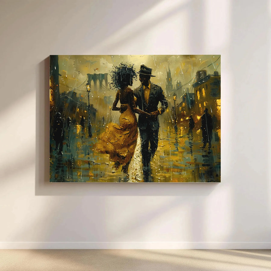 Black Couple Dancing in the Rain Canvas | Romantic Cityscape Wall Art | Premium Gallery-Wrapped Print | Anniversary Gift for Couple