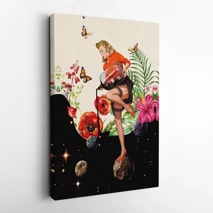Surreal Pin-Up Girl Wall Art | Botanical Space Collage with Butterflies | Gallery-Grade Canvas Print | Unique Home Decor Gift for Her