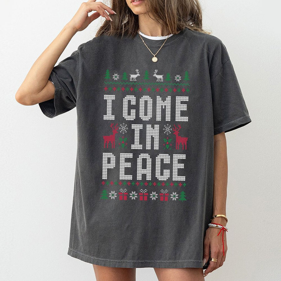 I Come In Peace T-Shirt | Funny Ugly Christmas Sweater Style Graphic | 100% Premium Cotton Tee | Holiday Party Gift For Couples And Friends