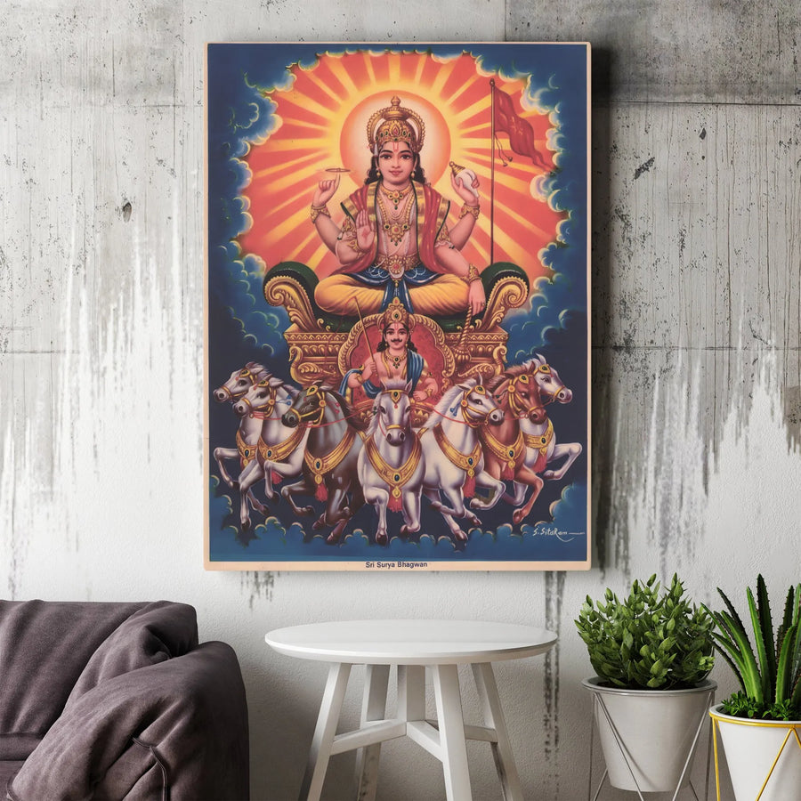 Sri Surya Bhagwan Canvas Print | Hindu Sun God Chariot Seven Horses Art | Gallery-Quality 1.25" Profile | Spiritual Home Decor Gift