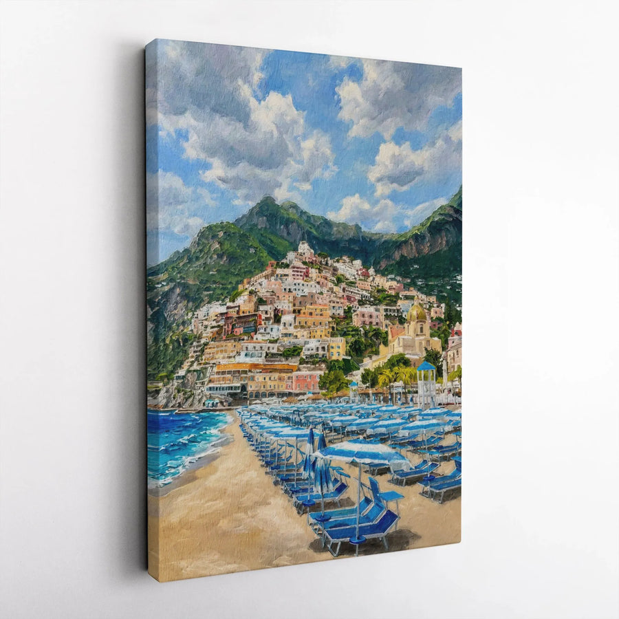 Amalfi Coast Italy Canvas Print | Positano Coastal Village Painting | Thick 1.25" Gallery Wrap Canvas | Living Room Wall Decor Gift for Traveler