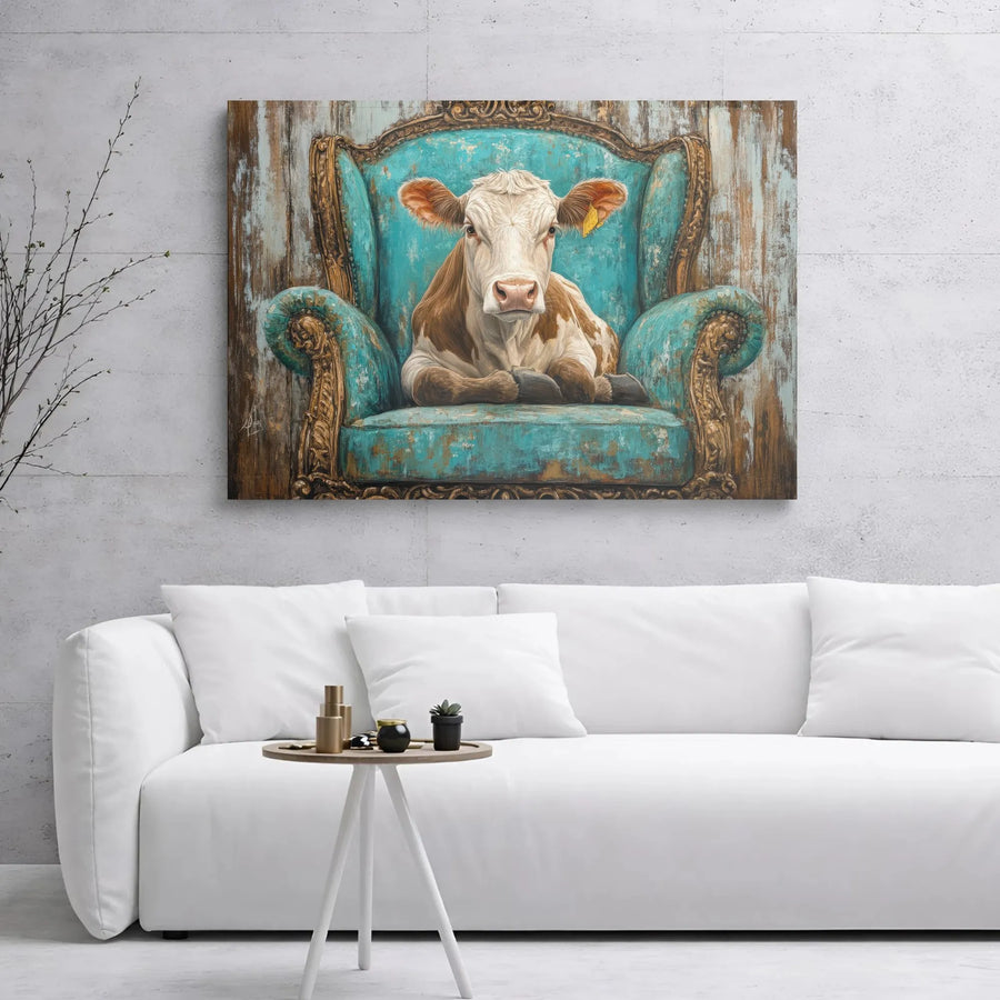 Cow in Vintage Turquoise Armchair Canvas | Whimsical Farmhouse Wall Art | Gallery Wrapped Premium Print | Unique Living Room Decor Gift