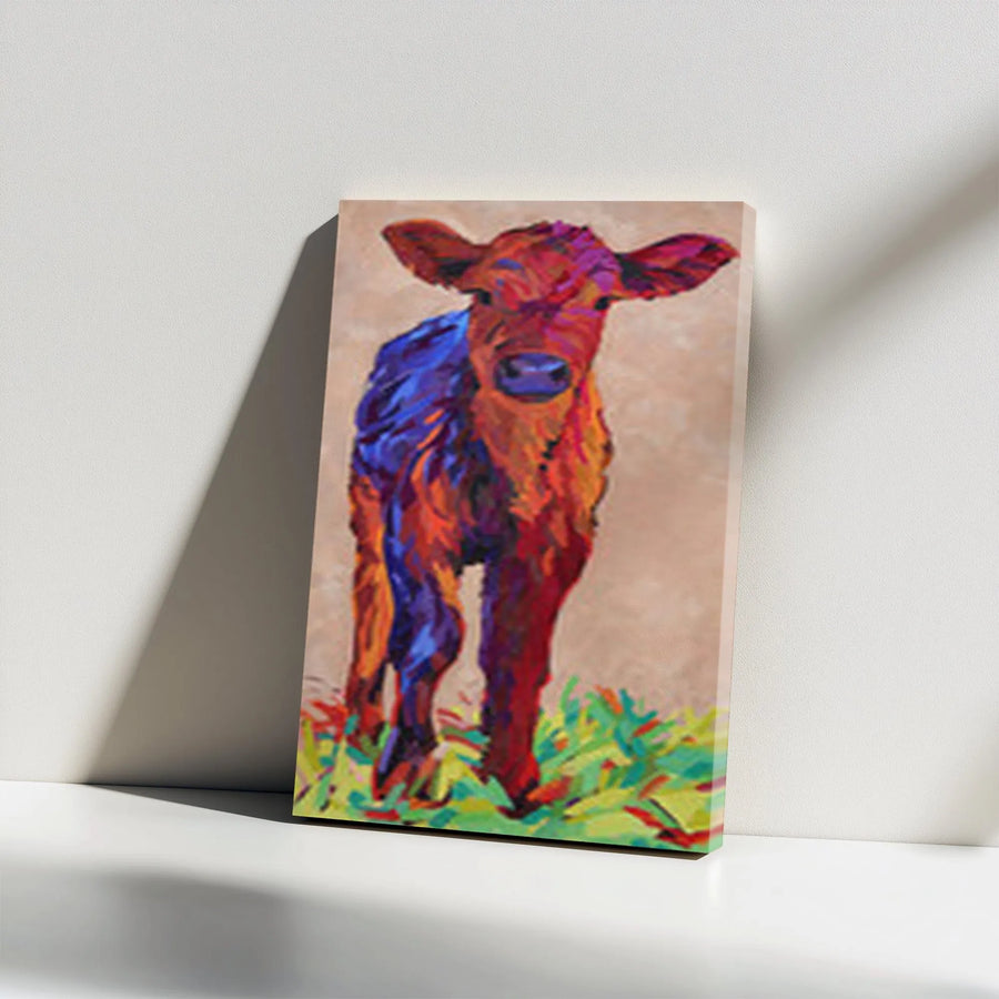 Colorful Cow Vertical Canvas | Vibrant Red Calf Farmhouse Art | 1.25" Thick Gallery Wrap | Living Room & Kitchen Decor Gift