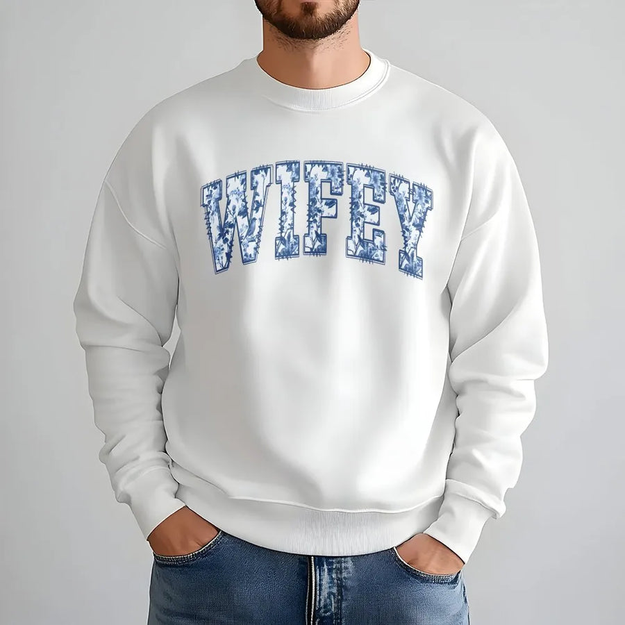 Blue Toile Wifey Sweatshirt | Vintage Floral Collegiate Lettering | Cozy Cotton Blend Pullover | Bridal Shower Gift for Bride