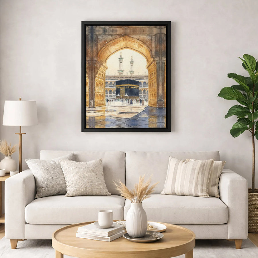 Kaaba Watercolor Wall Art | Mecca Grand Mosque Islamic Print | 1.25-Inch Gallery-Wrapped Canvas | Premium Home & Office Decor Gift