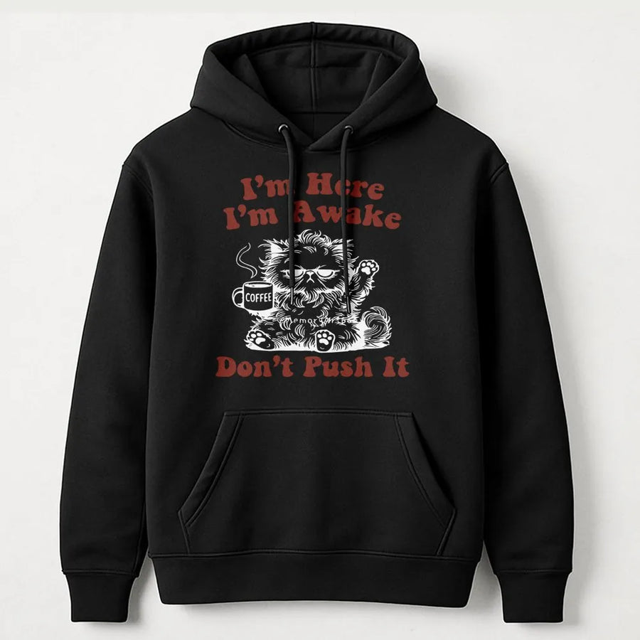 I'm Here I'm Awake Don't Push It Hoodie | Grumpy Persian Cat Coffee Lover Design | Premium Cotton Blend | Funny Sarcastic Gift for Cat Owners